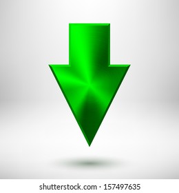 Down arrow sign with green metal texture (silver, chrome, steel, iron, bronze), realistic shadow and light background for internet sites, web user interfaces (UI) and applications (apps). Vector.