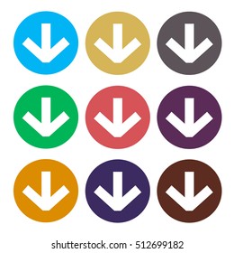 Down Arrow sign icons set. Simple circle shape internet button on gray background