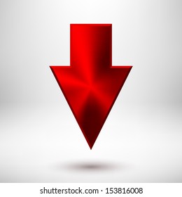 Down arrow sign with red metal texture (silver, chrome, steel, iron, bronze), realistic shadow and light background for internet sites, web user interfaces (UI) and applications (apps). Vector.