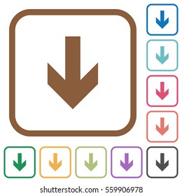 Down arrow simple icons in color rounded square frames on white background