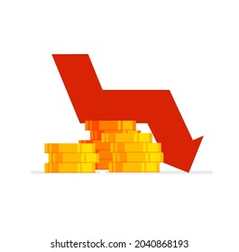 Down arrow stocks graph. World financial crisis. Price drop. Bankruptcy. Concept of collapse of the economy. Vector illustration isolated on white background.