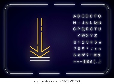 Down arrow, upload neon light icon. Page browsing direction. Website pointer. Downloading process, web cursor. Sign with alphabet, numbers and symbols. Vector isolated RGB color illustration