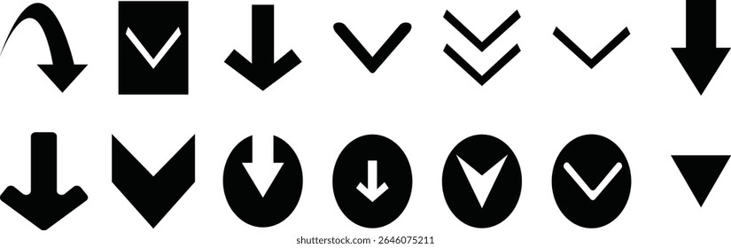 Ícone de vetor de seta para baixo definido. Conjunto de setas, setas diferentes. Setas simples modernas. Ilustração vetorial. Seta preta ícone de vetor pack.