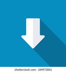 Down arrow. Vector illustration. Long shadow. Arrow down vector icon, abstract aiming arrow icon, blue background, below button