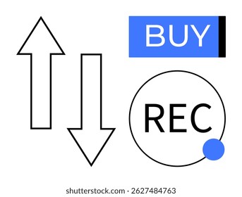 Up and down arrows, blue Buy button, circle with REC and blue dot. Ideal for finance, trading, stock market, investments, e-commerce, business, marketing. Line metaphor