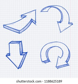 DOWN arrows. Blue hand drawn sketch on lined paper background. Vector illustration