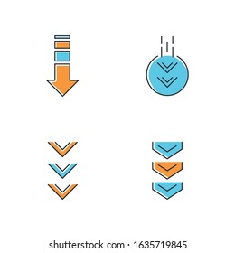Down arrows blue and orange RGB color icons set. Double arrowhead in circle. Scrolldown buttons. Arrows interface navigation buttons. Website page cursor. Isolated vector illustrations