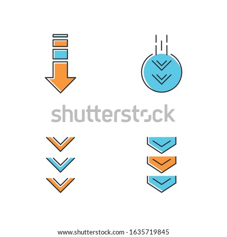 Down arrows blue and orange RGB color icons set. Double arrowhead in circle. Scrolldown buttons. Arrows interface navigation buttons. Website page cursor. Isolated vector illustrations