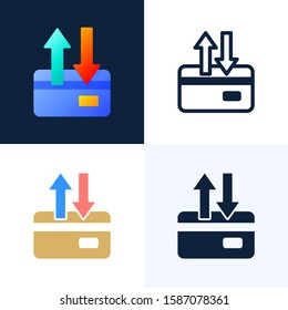 Up and down arrows Credit card vector stock icon set. The concept of data transfer, transactions of a bank account. Back side of a credit card with two arrows