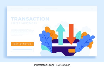 Up and down arrows Credit card vector stock illustration for landing page or presentation. The concept of data transfer, transactions of a bank account. Back side of a credit card with two arrows