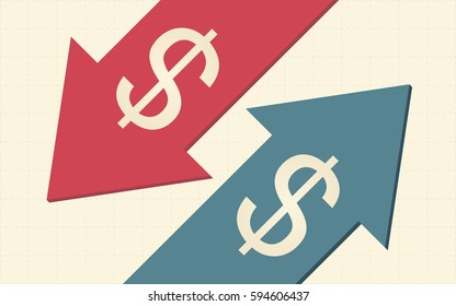 Up And Down Arrows With Dollar Sign In Flat Icon Design On Yellow Color Background (vector)