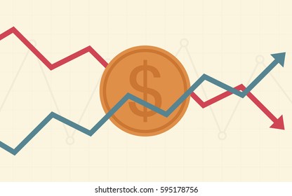 Up and Down arrows with dollar sign in flat icon design on yellow color background (vector)