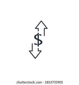 Flecha arriba y abajo con signo de dólar.   Tecnología de dinero del mercado comercial. Proceso financiero. Icono lineal vectorial aislado en fondo blanco.