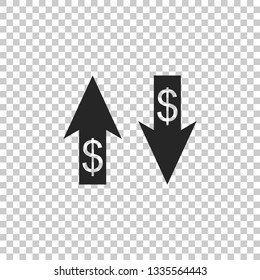 Up and Down arrows with dollar symbol icon isolated on transparent background. Business concept. Flat design. Vector Illustration