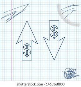 Up and Down arrows with dollar symbol line sketch icon isolated on white background. Business concept. Vector Illustration