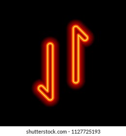 Up and down arrows, download and upload. Linear, thin outline. Orange neon style on black background. Light icon
