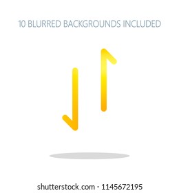 Up and down arrows, download and upload. Linear, thin outline. Colorful logo concept with simple shadow on white. 10 different blurred backgrounds included