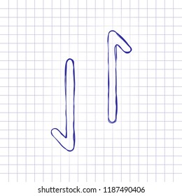 Up and down arrows, download and upload. Linear, thin outline. Hand drawn picture on paper sheet. Blue ink, outline sketch style. Doodle on checkered background