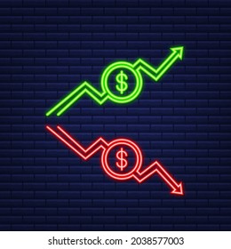 Up and Down arrows with Euro sign in flat icon design on white background. Neon icon. Vector illustration.