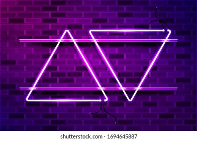 Up and down arrows glowing neon sign or LED strip light. Realistic vector illustration. Purple brick wall, violet glow, metal holders.