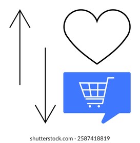 Up and down arrows, heart outline, and blue speech bubble with shopping cart. Ideal for e-commerce, social media marketing, online shopping trends, customer engagement, user feedback, digital sales