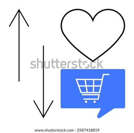 Up and down arrows, heart outline, and blue speech bubble with shopping cart. Ideal for e-commerce, social media marketing, online shopping trends, customer engagement, user feedback, digital sales