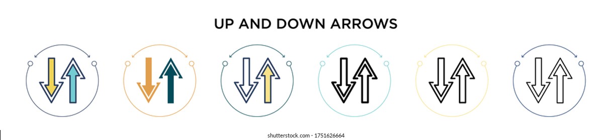 Up and down arrows icon in filled, thin line, outline and stroke style. Vector illustration of two colored and black up and down arrows vector icons designs can be used for mobile, ui, web