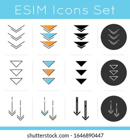Down arrows icons set. Double arrowhead in circle. Scrolldown buttons. Arrows interface navigation buttons. Website page cursor. Linear, black and RGB color styles. Isolated vector illustrations