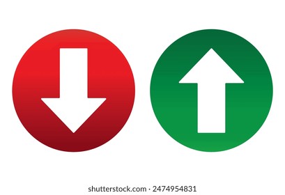 Flechas arriba y abajo dentro del redondeo con Ilustración vectorial de flecha verde y roja. Icono de símbolo de gráfico de barras de concepto de ventas con flecha hacia abajo y gráfico de barras de ventas con flecha hacia arriba.