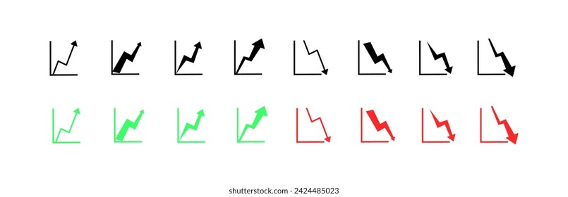 Up and down arrows on chart icons. Different styles, green and red, up and down arrows, arrow design for graph. Vector icons
