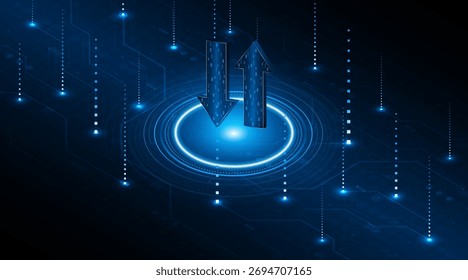Flechas arriba y abajo sobre fondo azul oscuro. Concepto de transmisión de datos o intercambio digital. Crecimiento del negocio o concepto de inversión. Fondo de tecnología de flecha azul.
