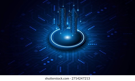 Flechas arriba y abajo sobre fondo azul oscuro. Concepto de transmisión de datos o intercambio digital. Crecimiento del negocio o concepto de inversión. Fondo de tecnología de flecha azul.