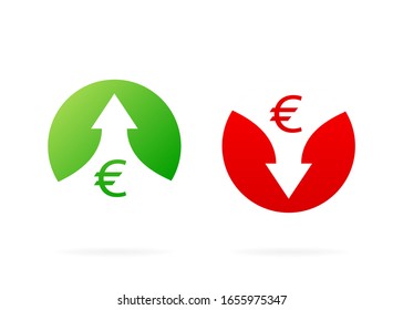 Flechas arriba y abajo. Iconos rojo y verde. Ilustración aislada en fondo blanco. Ilustración vectorial con marcas de ganancia.