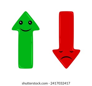 Flecha abajo y arriba con caras tristes y felices. Hacia arriba, flechas hacia abajo de color verde y rojo. Dos punteros de estilo plano aislados en fondo blanco. Elementos de diseño gráfico.Ilustración vectorial coloreada