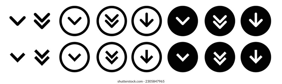Down arrows set. Scroll downward vector icon set. Black simple arrow buttons set for apps or websites ui designs
