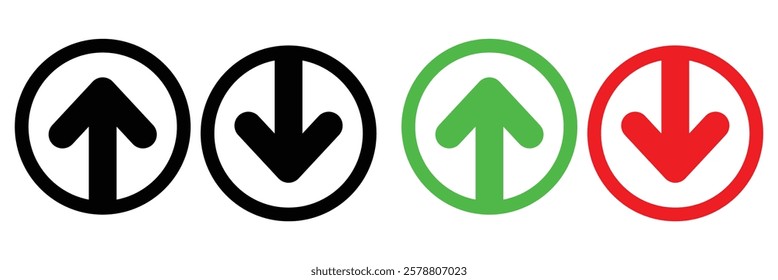Up down arrows silhouette icon. A pair of vertical two-way direction arrow. Green up and red down arrow isolated on a white background.