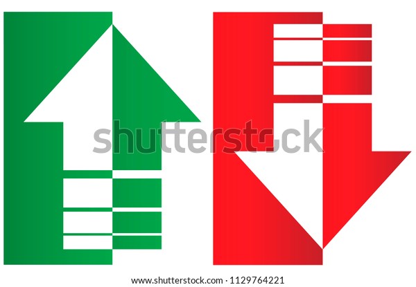 Up and\
down arrows. Upward, downward arrows in green and red from thin to\
thick and divided into two parts isolated on white background, set\
of two. Flat style eps 10 vector\
illustration.