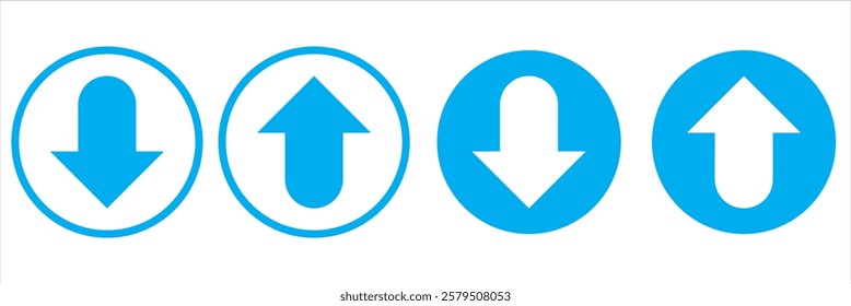 Up and down arrows. Upward, downward arrows in white, green, blue and red isolated, set of two. Vector illustration. EPS 10