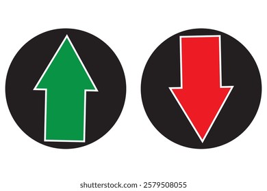 Up and down arrows. Upward, downward arrows in white, green, blue and red isolated, set of two. Vector illustration. EPS 10