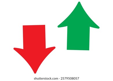 Up and down arrows. Upward, downward arrows in white, green, blue and red isolated, set of two. Vector illustration. EPS 10