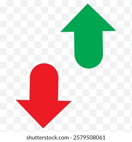 Up and down arrows. Upward, downward arrows in white, green, blue and red isolated, set of two. Vector illustration. EPS 10