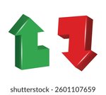 Up and down arrows. Vector red and green 3d arrows isolated on white background.