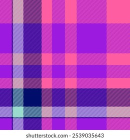 Tartan sem emenda de fundo, textura de verificação de vetor desgastada. Padrão de tecido xadrez britânico na paleta de cores violeta e rosa.