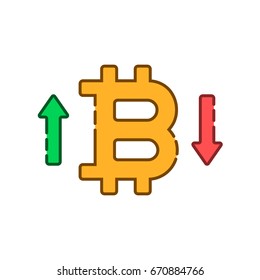 up and down bitcoin course linear icon. concept of simple bit coin badge or forecast of purchase index or trade strategy. cartoon flat style modern logotype graphic design isolated on white background