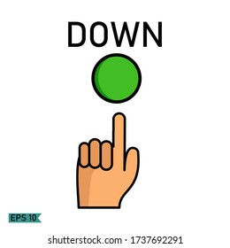 down buttons. illustration of a hand on a circle button, in cartoon style.