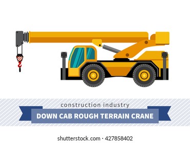 Down cab rough terrain industrial crane. Side view crane isolated vector illustration