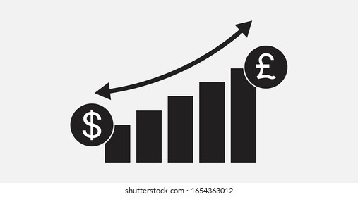 Down and up chart with Pound and Dollar icons. Money Graph sign. Decrease an growing graph icon. Diagram icon