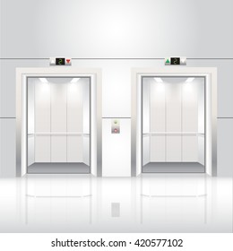Up and Down chrome metal office building elevator doors realistic vector illustration.