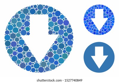 Down composition of circle elements in various sizes and color tones, based on down icon. Vector round elements are combined into blue composition. Dotted down icon in usual and blue versions.
