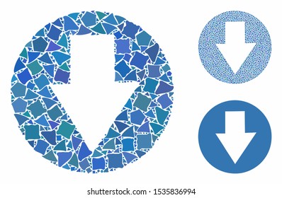 Down composition of ragged pieces in variable sizes and shades, based on down icon. Vector rough pieces are combined into composition. Down icons collage with dotted pattern.